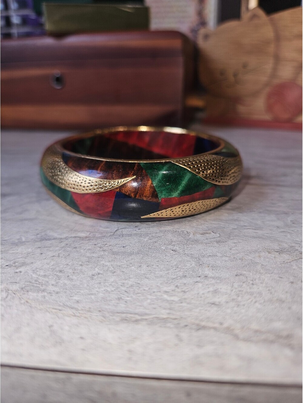 Vintage Multicolor Resin and Gold Tone Bangle Bracelet